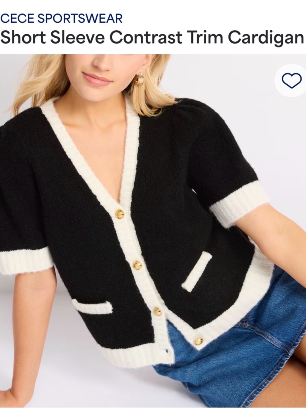 CeCe Black and White Short Sleeve Contrast Trim Cardigan